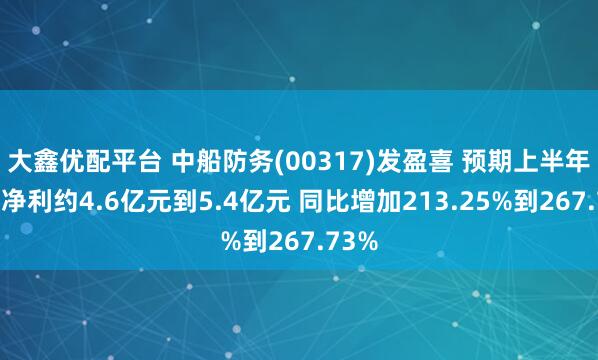 大鑫优配平台 中船防务(00317)发盈喜 预期上半年归母净利约4.6亿元到5.4亿元 同比增加213.25%到267.73%